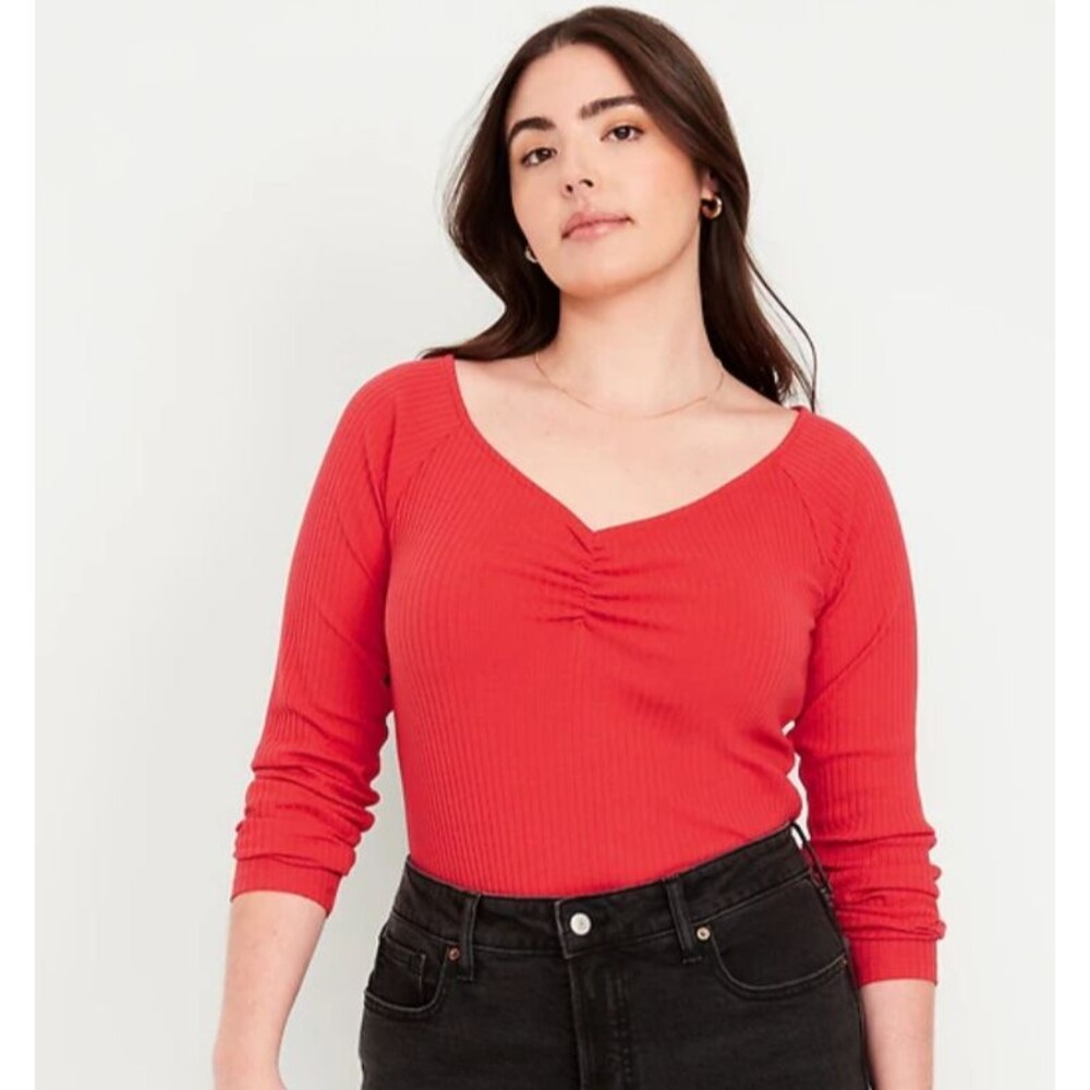 OLD NAVY Bright Coral Fitted Cinched Rib Knit V-Neck Top Women's M Tall NEW
